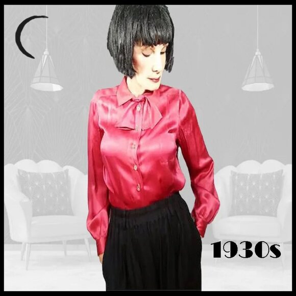 Vintage Silk Charmeuse Long Sleeve Blouse, Tie Bow 30s 1930s - Picture 1 of 14